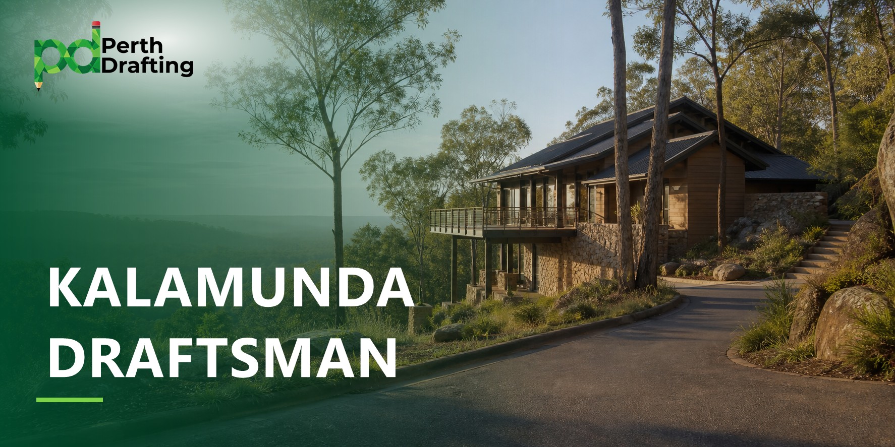 A multi-level home built with timber cladding and natural stone walls, set on a steep bushland slope surrounded by native trees. A large elevated balcony overlooks a wide, leafy valley in the distance, with a paved driveway curving up towards the property.