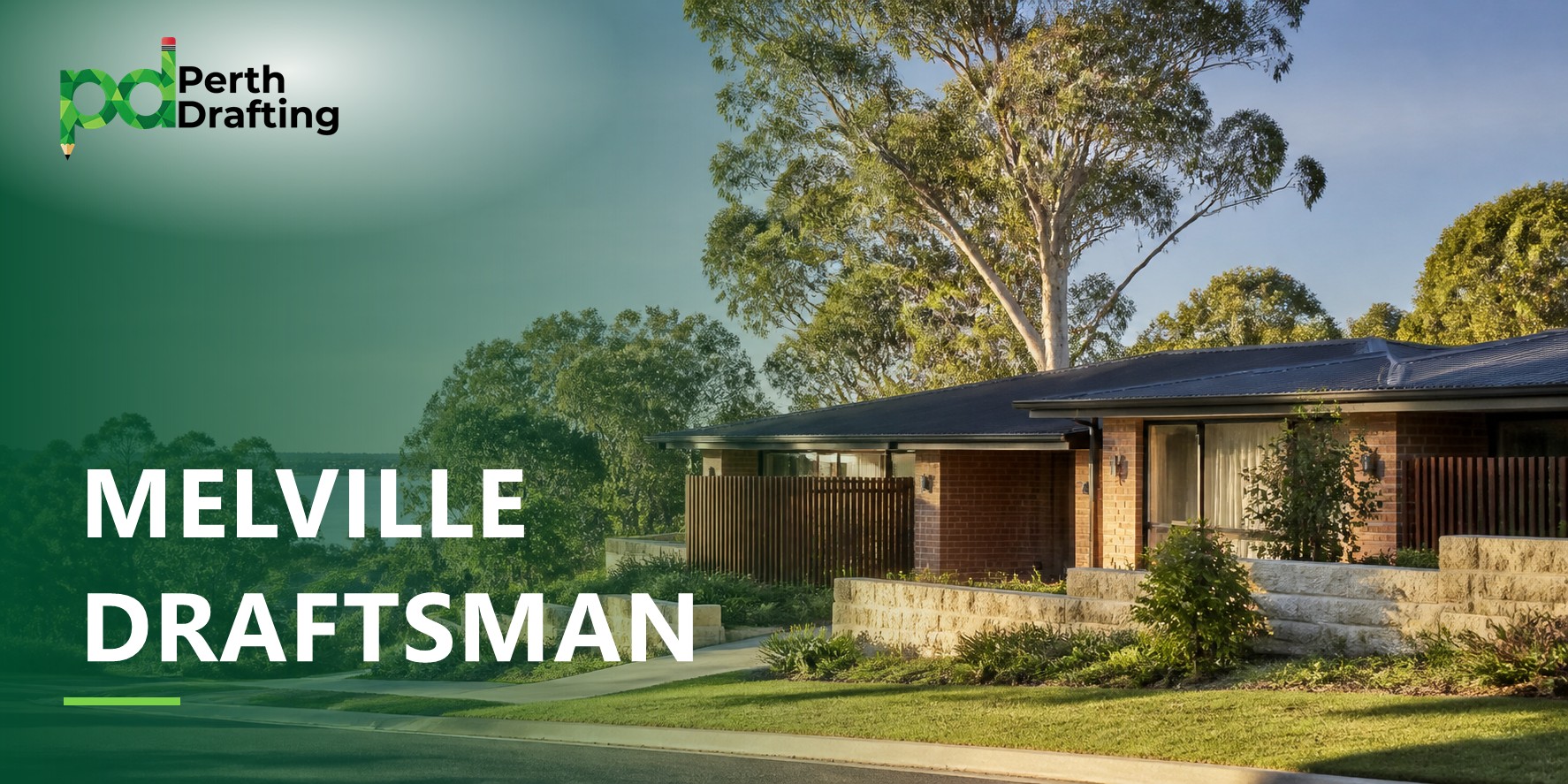 A low-set brick house with a dark metal roof and wooden privacy screening. It sits behind limestone retaining walls and landscaped garden beds, with tall eucalyptus trees behind it and a wide river view stretching out in the background.