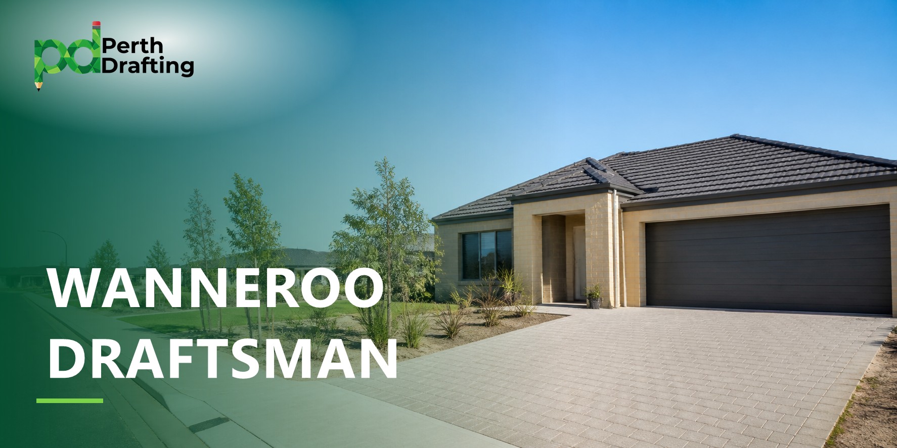 A modern, cream-brick home featuring a dark grey tiled roof, a matching double garage door, and a spacious paved driveway. Young trees and low-maintenance native plants frame the front yard along the quiet residential street.