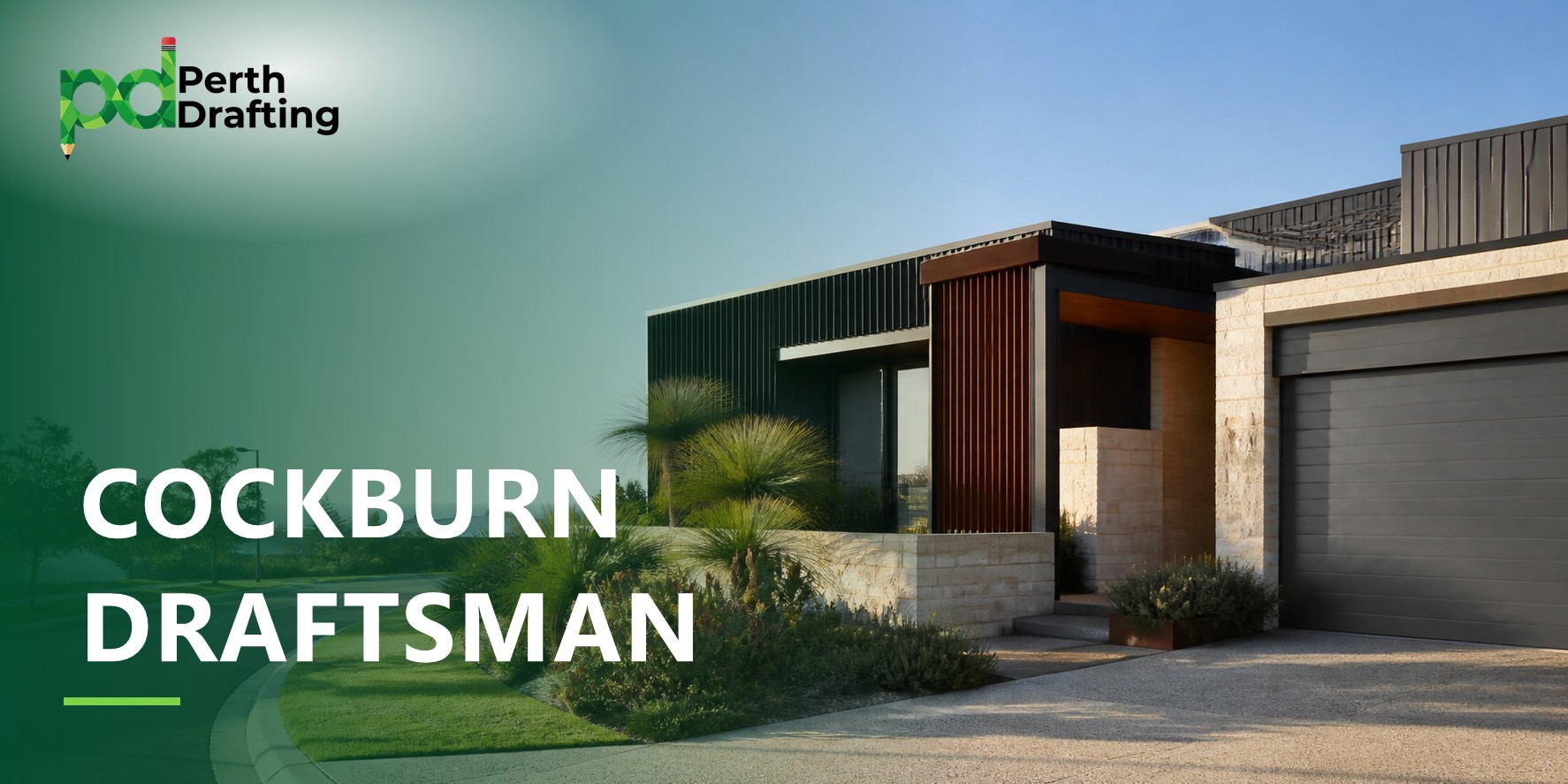 A stylish contemporary home with dark vertical metal cladding, light-coloured limestone walls, and timber slat accents around the entryway. The property features a dark garage door, an exposed aggregate driveway, and native Australian grass trees (xanthorrhoea) in the front garden bed.