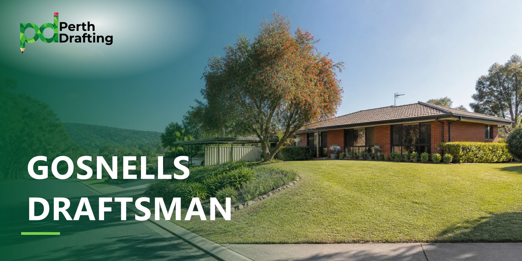 A classic red-brick home with a brown tiled roof sitting on a large, gently sloping green lawn. In the front yard, a prominent bottlebrush tree with red flowers shades the lawn, with a carport visible to the side and green hills in the distant background.