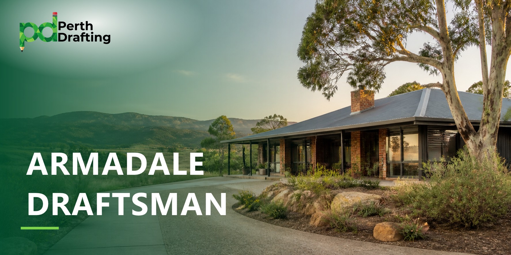 A low-set home built with red brick, dark window frames, and a grey corrugated metal roof with a brick chimney. A large gum tree frames the house, with rock garden beds out front and a curved driveway leading past open land towards rolling hills in the distance.