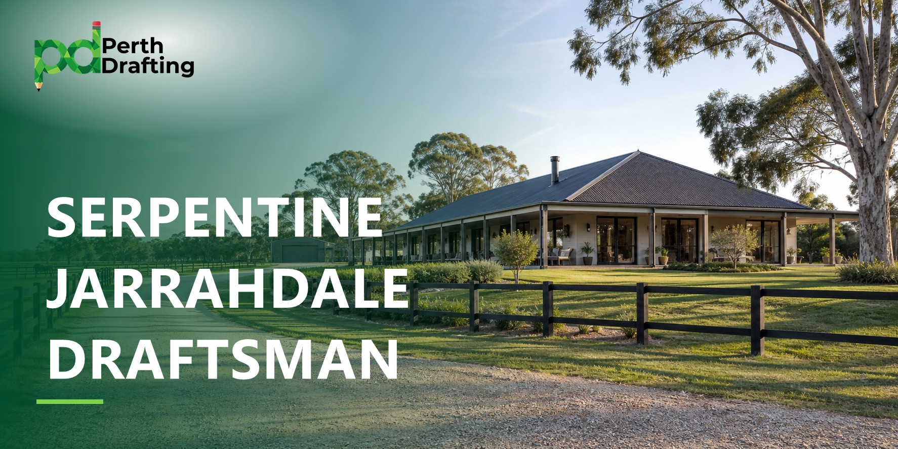 A sprawling, single-storey homestead with wide wrap-around verandahs and a dark hipped roof. It sits behind a dark post-and-rail timber fence with a gravel driveway running alongside lush green lawns and large native gum trees.