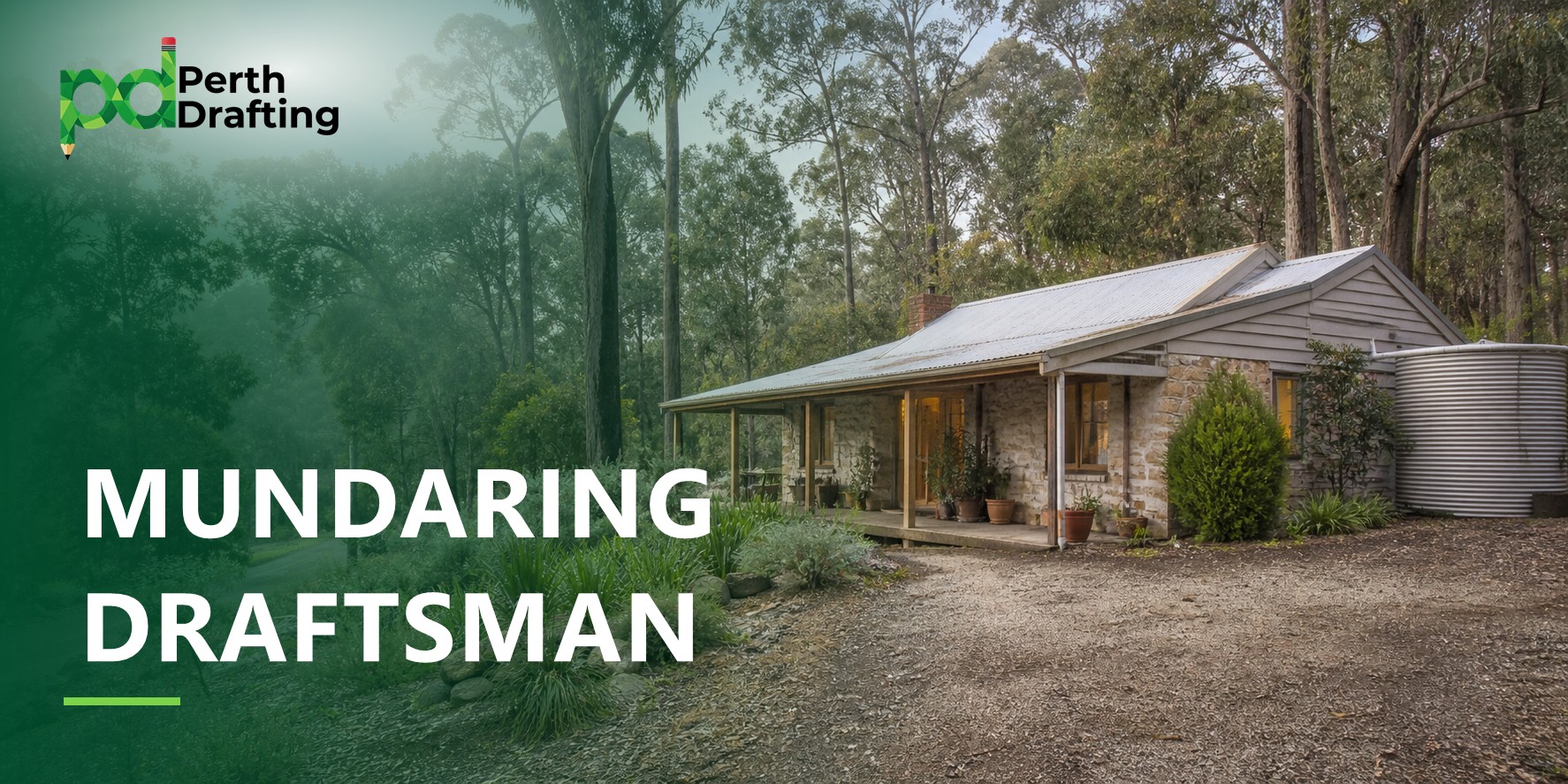 A charming single-storey cottage built with natural stone walls, weatherboard cladding, and a silver corrugated iron roof. It features a covered timber verandah with potted plants out front, a brick chimney, a large corrugated water tank to the side, and a gravel driveway surrounded by dense native eucalypt forest.