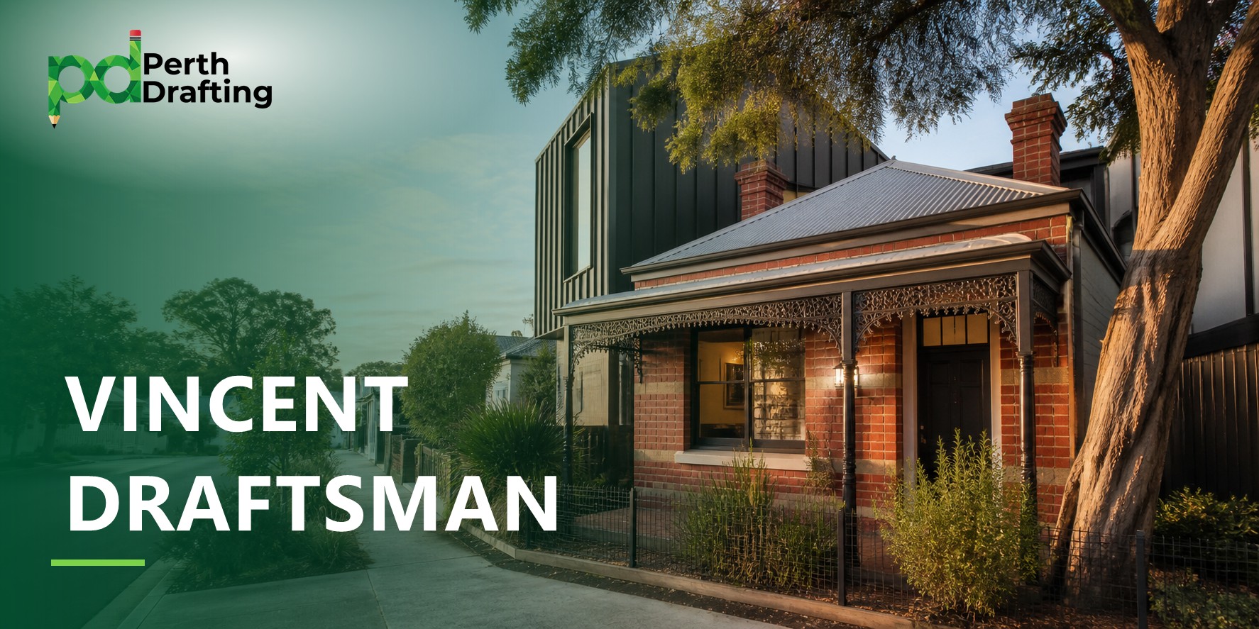 A character-filled, single-storey red-brick cottage featuring a corrugated iron roof, a red-brick chimney, and decorative cast-iron lacework along the front verandah. Directly behind the cottage stands a striking, modern two-storey extension clad in dark charcoal vertical panels. A large mature tree shades the front yard, which sits alongside a quiet residential footpath.