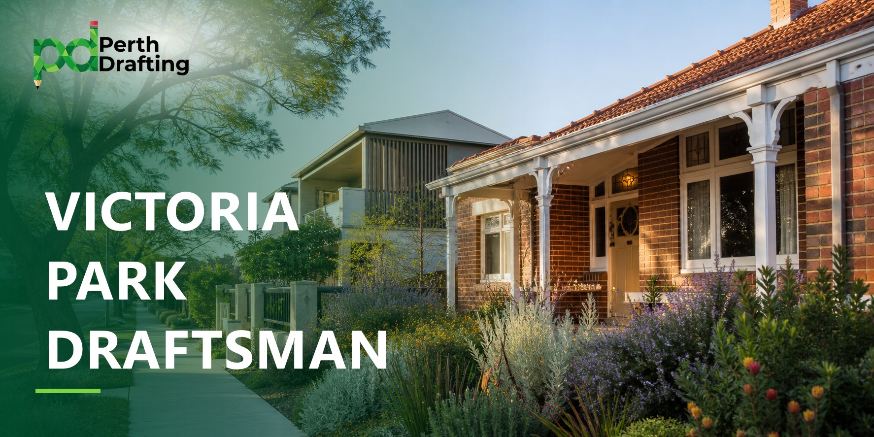 A classic character home built with red brick, featuring white timber verandah posts, detailed fretwork, and a terracotta tiled roof. The front yard is filled with colourful flowering garden beds, and a suburban footpath runs along a tree-lined street with modern two-storey homes further down the road.