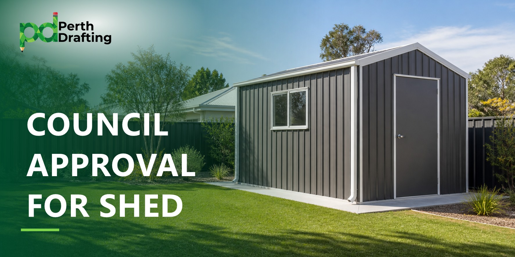 A dark grey metal shed with white trim, a single side door, and a small window sitting on a concrete slab in a tidy, grassy backyard.