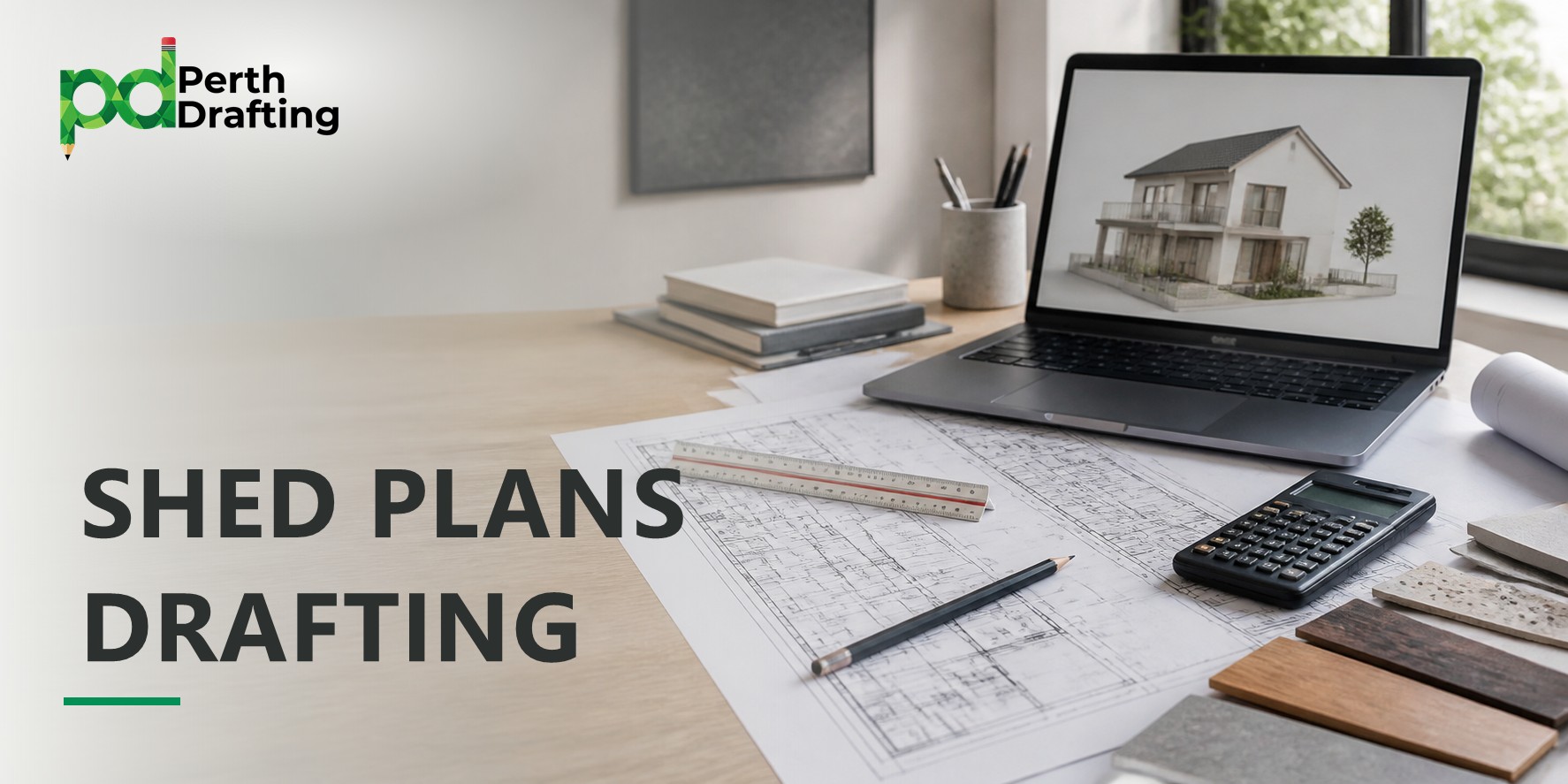 It shows a desk with building plans, a ruler, pencil, calculator and material samples. A laptop displays a 3D model of a house.