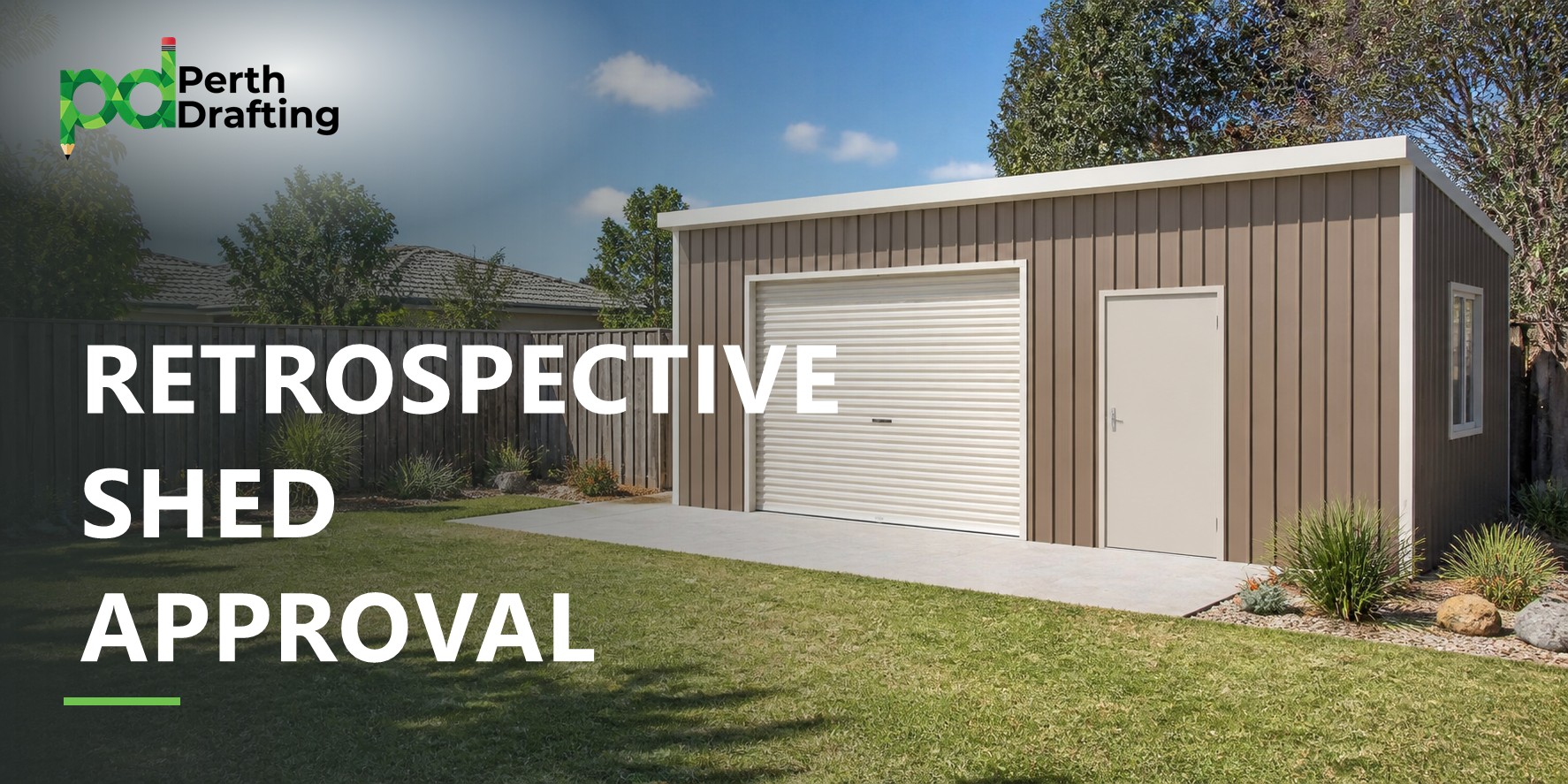 It shows a modern backyard shed with grey walls, a white roller door and a side access door, set on a concrete slab with a lawn, garden plants and a timber fence.