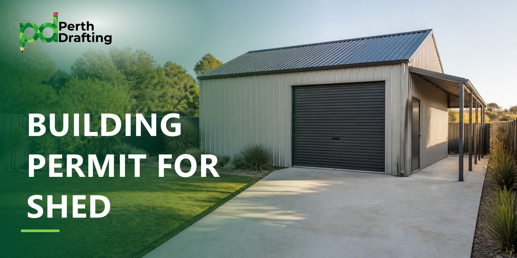 It shows a large modern metal shed with a dark roller door and a covered side walkway.