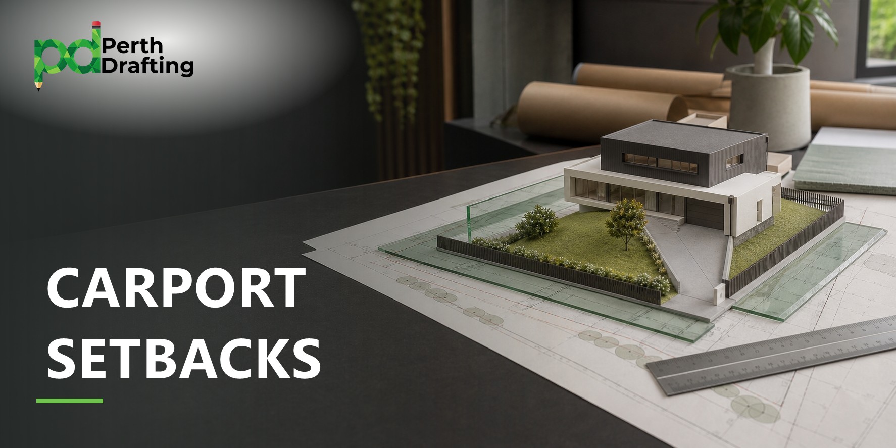 A detailed mini model of a modern two-story house sitting on top of architectural floor plans and blueprints on a dark table, next to a ruler and potted plant.