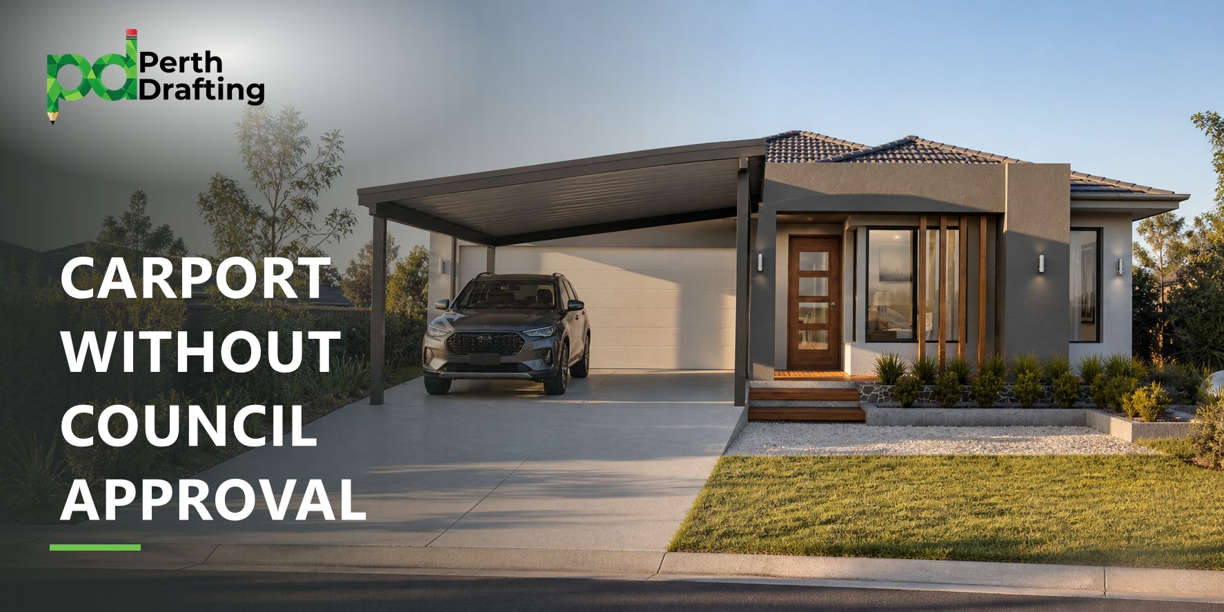 A single-story modern home with a dark metal flat-roof carport extended over the driveway. A grey SUV is parked underneath it.