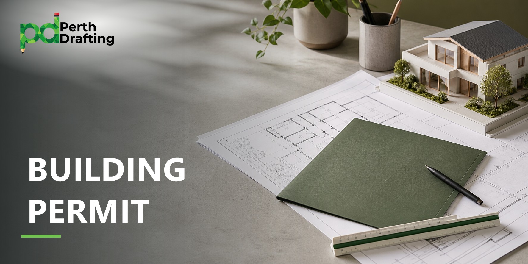 A detailed mini model of a modern house sits on top of architectural floor plans on a light grey desk. Next to the plans are a dark green document folder, a pen, a scale ruler, and a small potted plant.