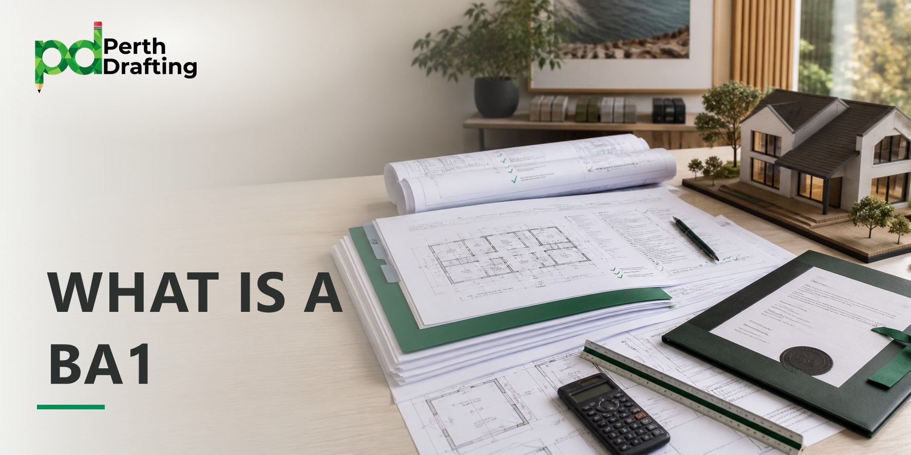 A light-colored desk covered with architectural floor plans, rolled-up blueprints, a calculator, a scale ruler, and an official document in a dark green folder. In the background, there is a mini 3D scale model of a house and a potted plant.
