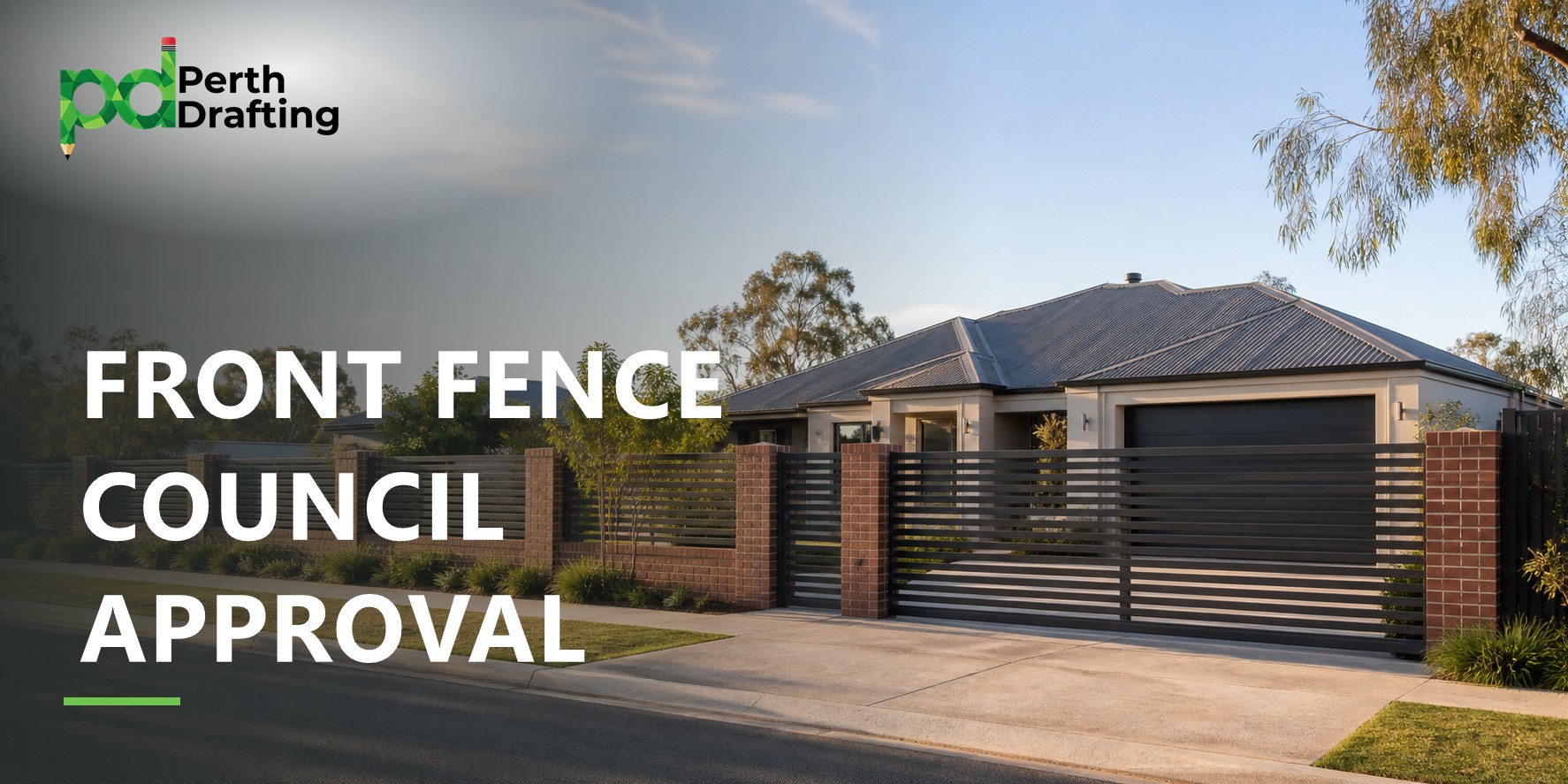 A single-story modern home with a dark grey metal slat fence supported by brick pillars across the front yard. The fence includes a wide sliding driveway gate.