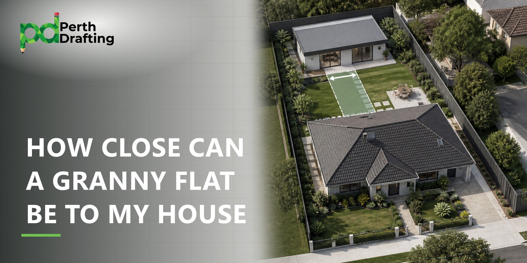 An overhead view showing a residential block. The main house with a dark tiled roof sits at the front, with a spacious green backyard behind it. At the very back of the property sits a modern, single-story granny flat. A semi-transparent green highlighted strip with double-ended white arrows marks the setback distance between the main house and the granny flat.